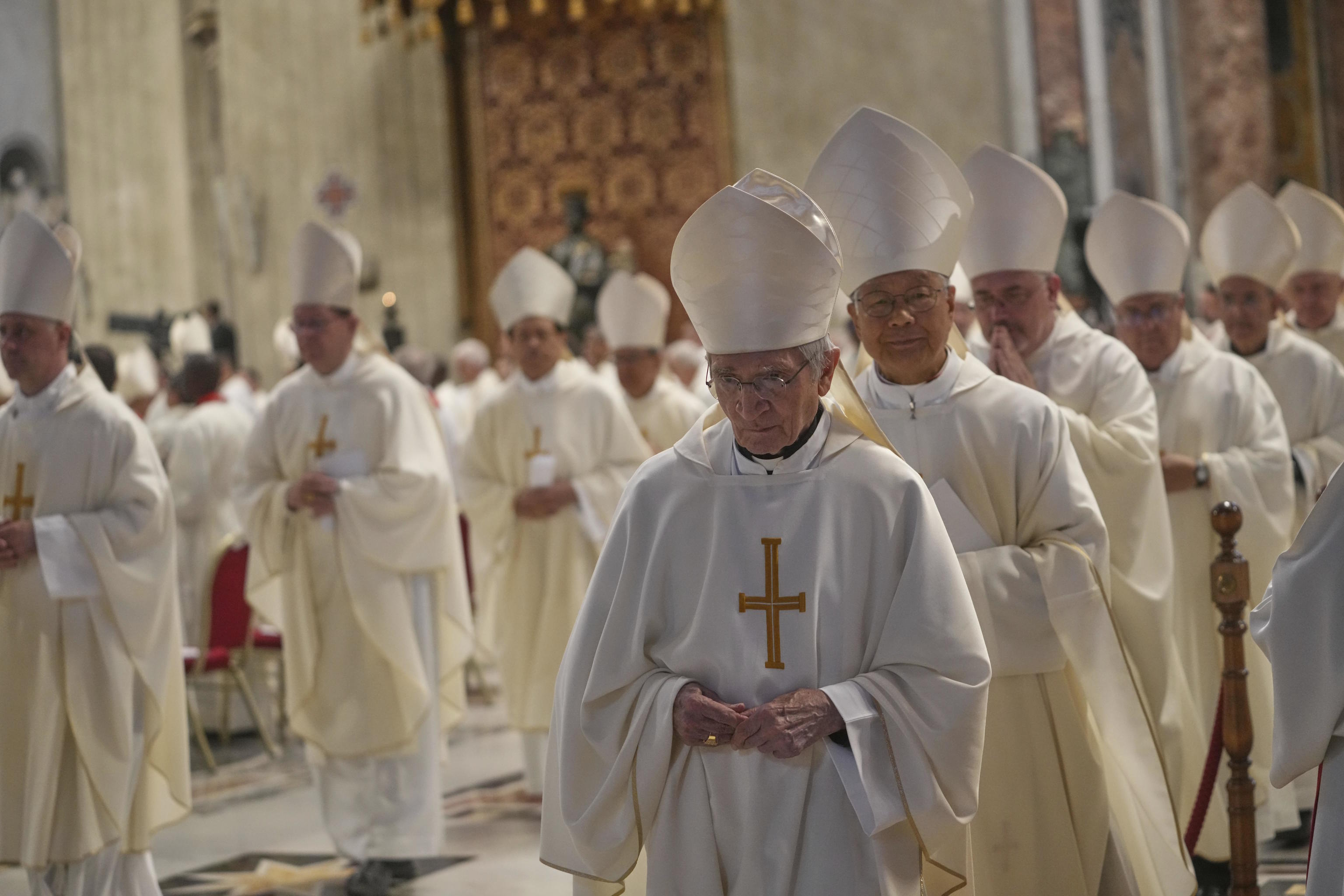 Cardinals leave at the end of a Mass on the eighth of nine days of mourning for Pope Francis.