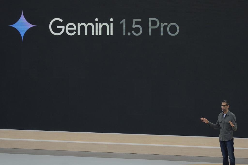 Alphabet CEO Sundar Pichai speaks about Gemini at a Google I/O event