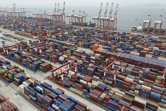 Several containers ready for transport at the Guangzhou port in Nansha district, Guangdong province, southern China, on April 17, 2025.