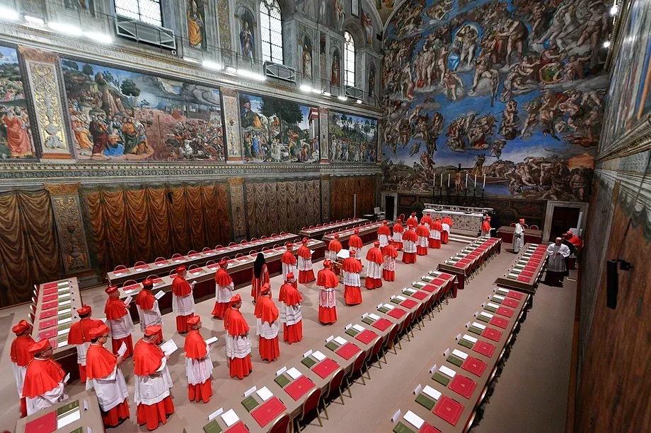 Cardinals arrive on the first day of the conclave at the Sistine Chapel.
