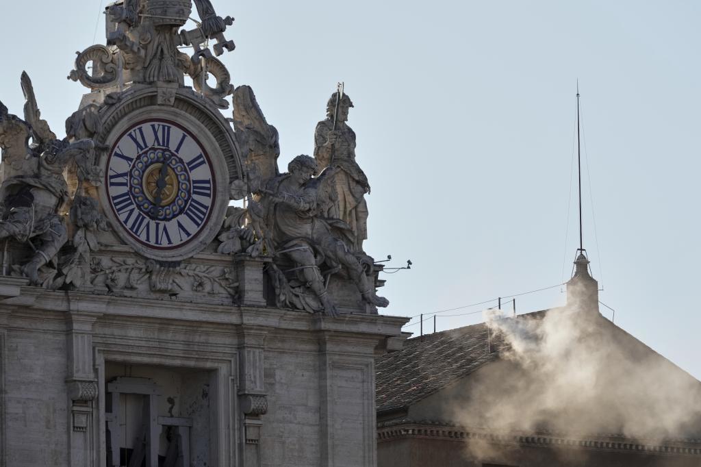 White smoke billows from the chimney of the Sistine Chapel during the conclave to elect a successor of late Pope Francis