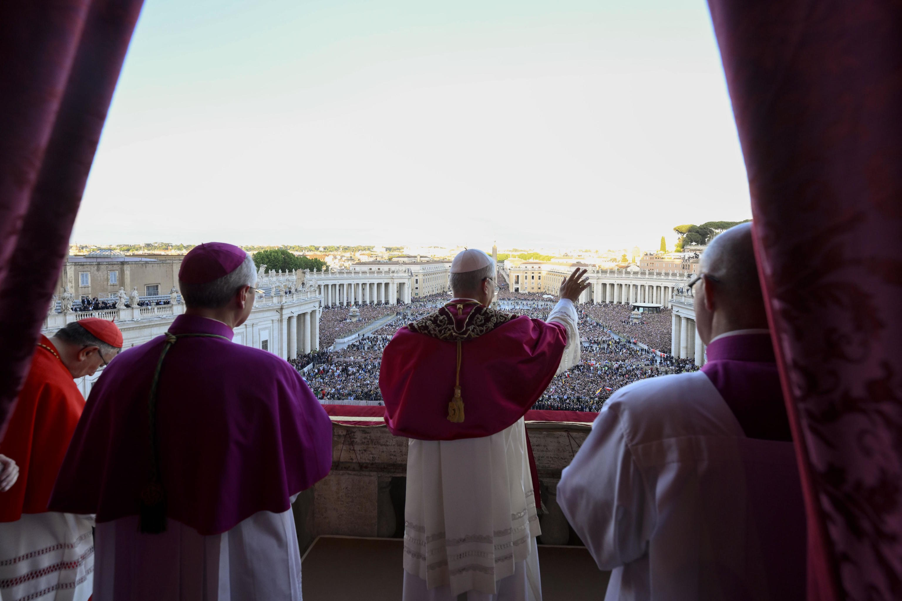 The newly elected Pope Leo XIV greets the faithful and pilgrims gathered in St. Peter's Square.