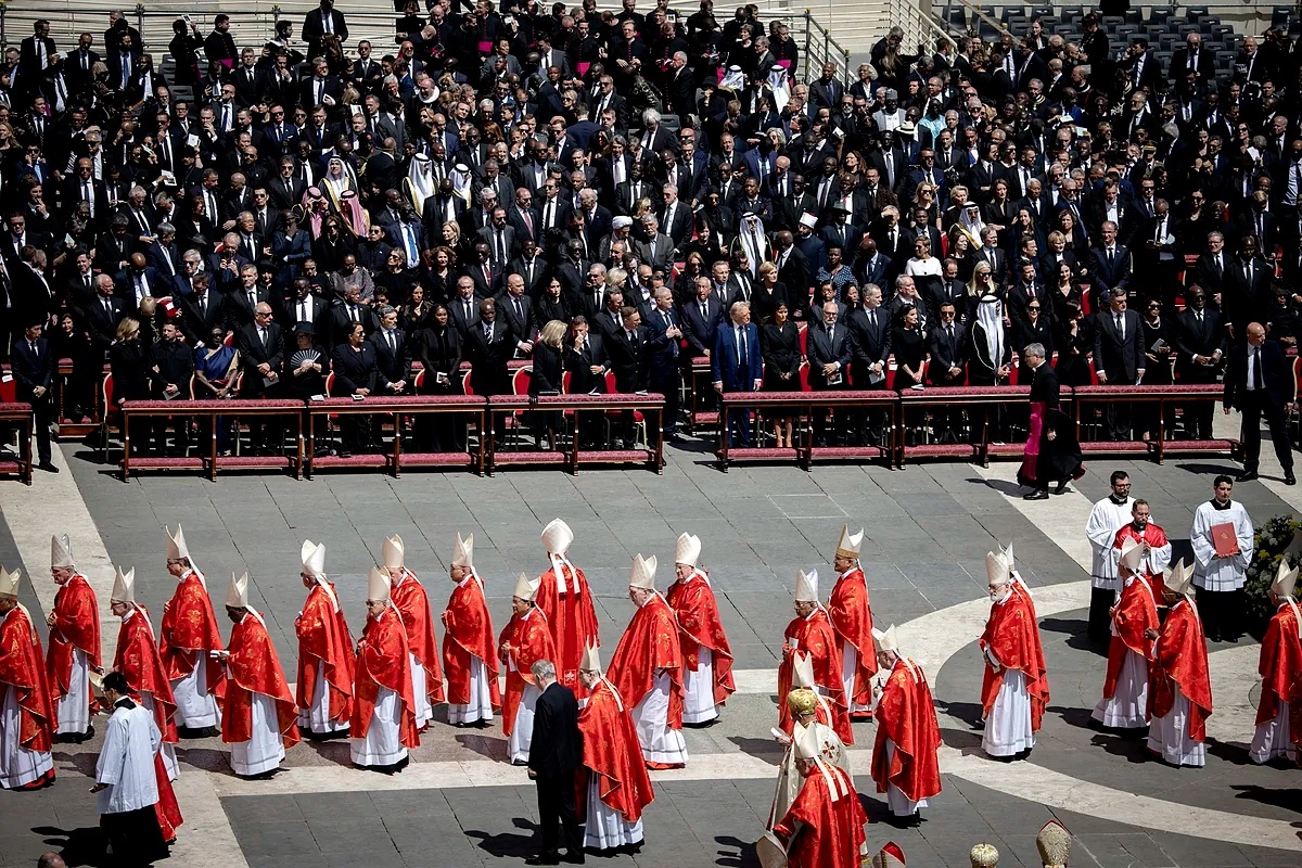 A moment from the funeral of Pope Francis, with world leaders in the front row.
