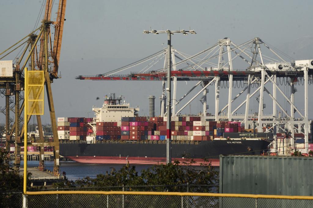 The NYK Meteor container ship is moored at the Port of Los Angeles