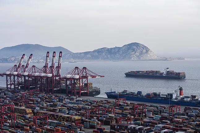 Container ships docked at the port of Yangshan in Shanghai.