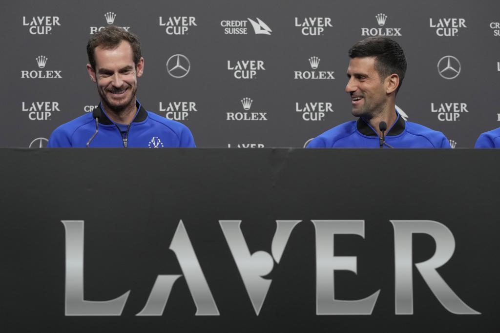 Britain's Andy Murray, left, and Serbia's Novak Djokovic