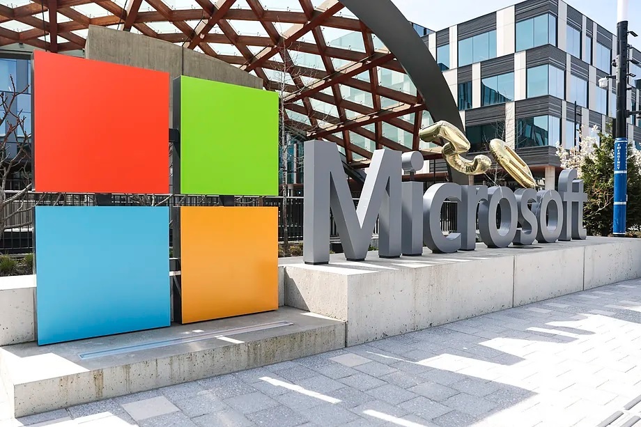 Microsoft logo at its Redmond offices.