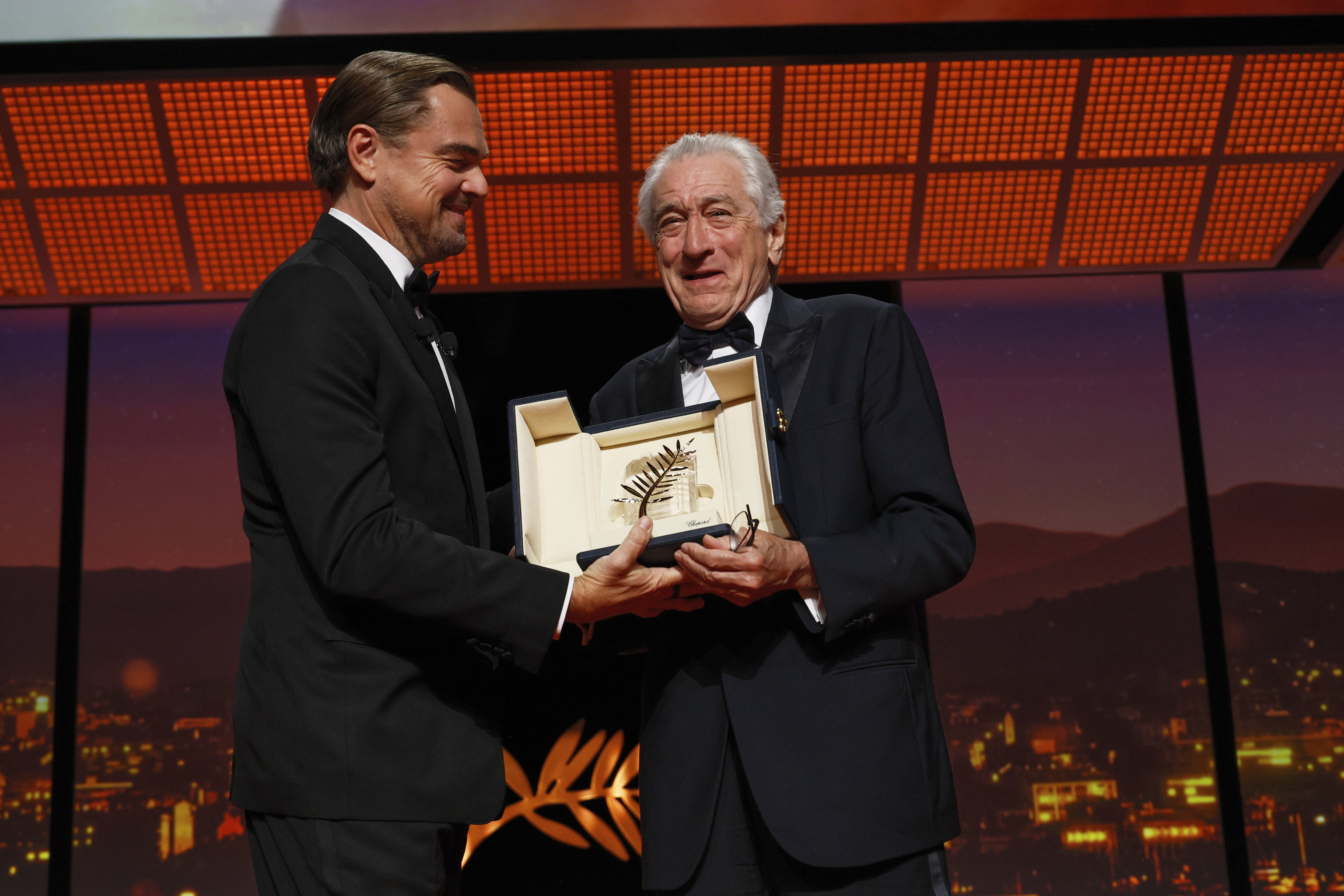 Leonardo DiCaprio, left, and Robert De Niro, recipient of the Honorary Palme d'Or.