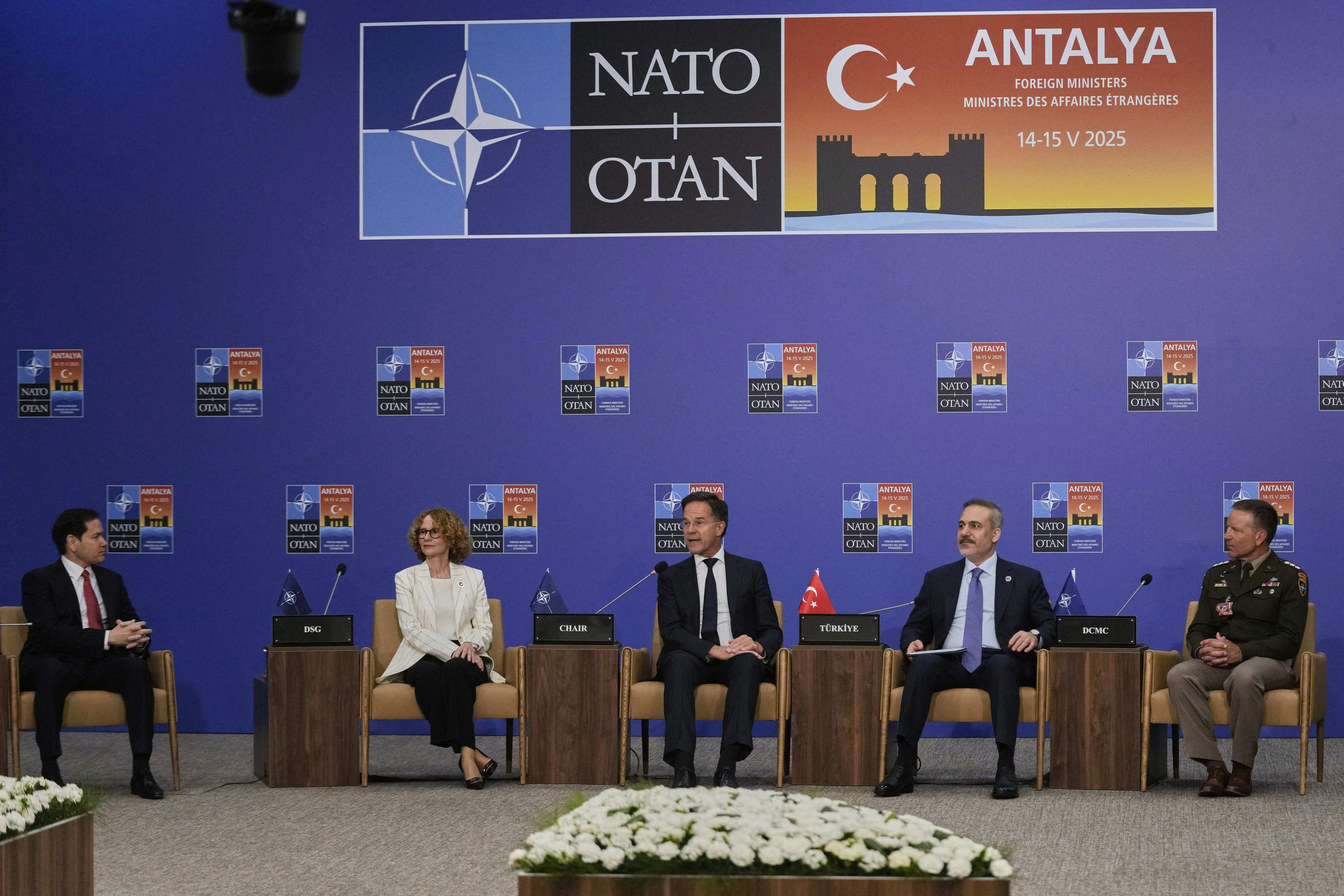 NATO Secretary-General Mark Rutte, center, gives an opening speech.