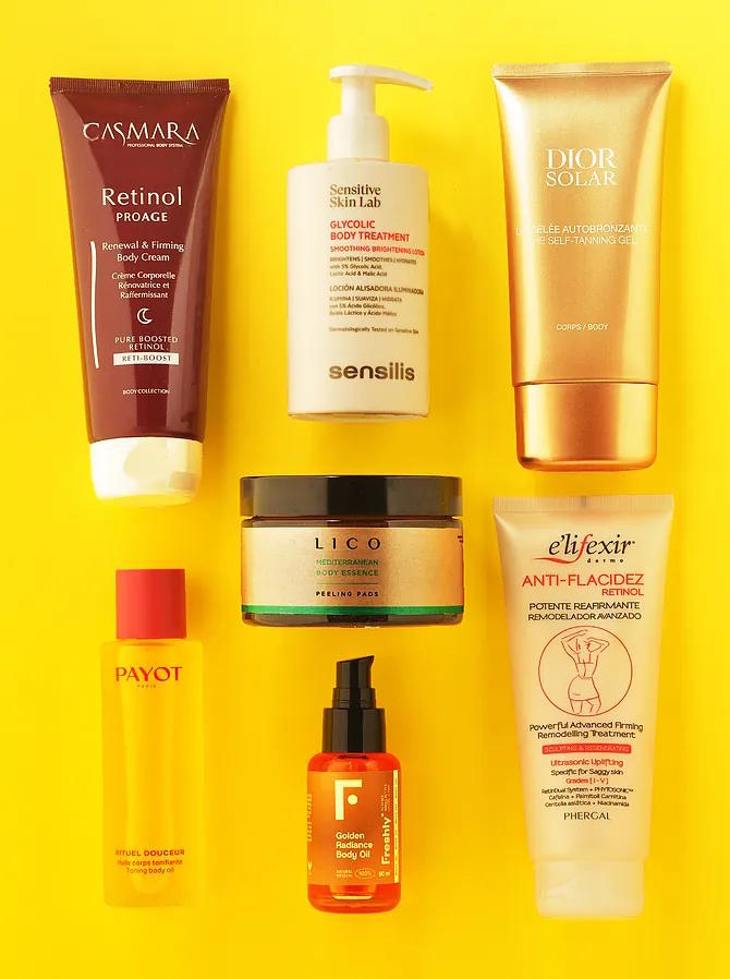 Retinol Proage Body System by Casmara. Glycolic Body Treatment night exfoliant with alphahydroxy acids by Sensilis. Le Glee Autobronzant gradual self-tanner by Dior. Lico peeling pads, single-dose chemical exfoliation. E'lifexir Anti-Sagging Retinol by Phergal. Ritual Douceur toning oil by Payot. Golden Radiance Body Oil finishing oil by Freshly