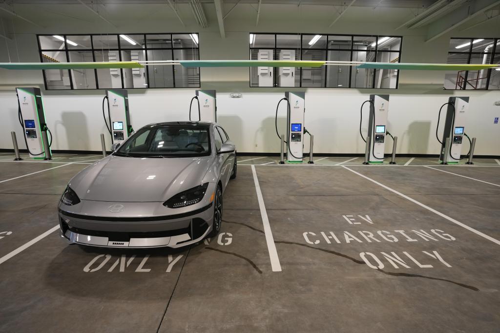 Charging bays are seen at the new Electrify America indoor electric vehicle charging station in San Francisco