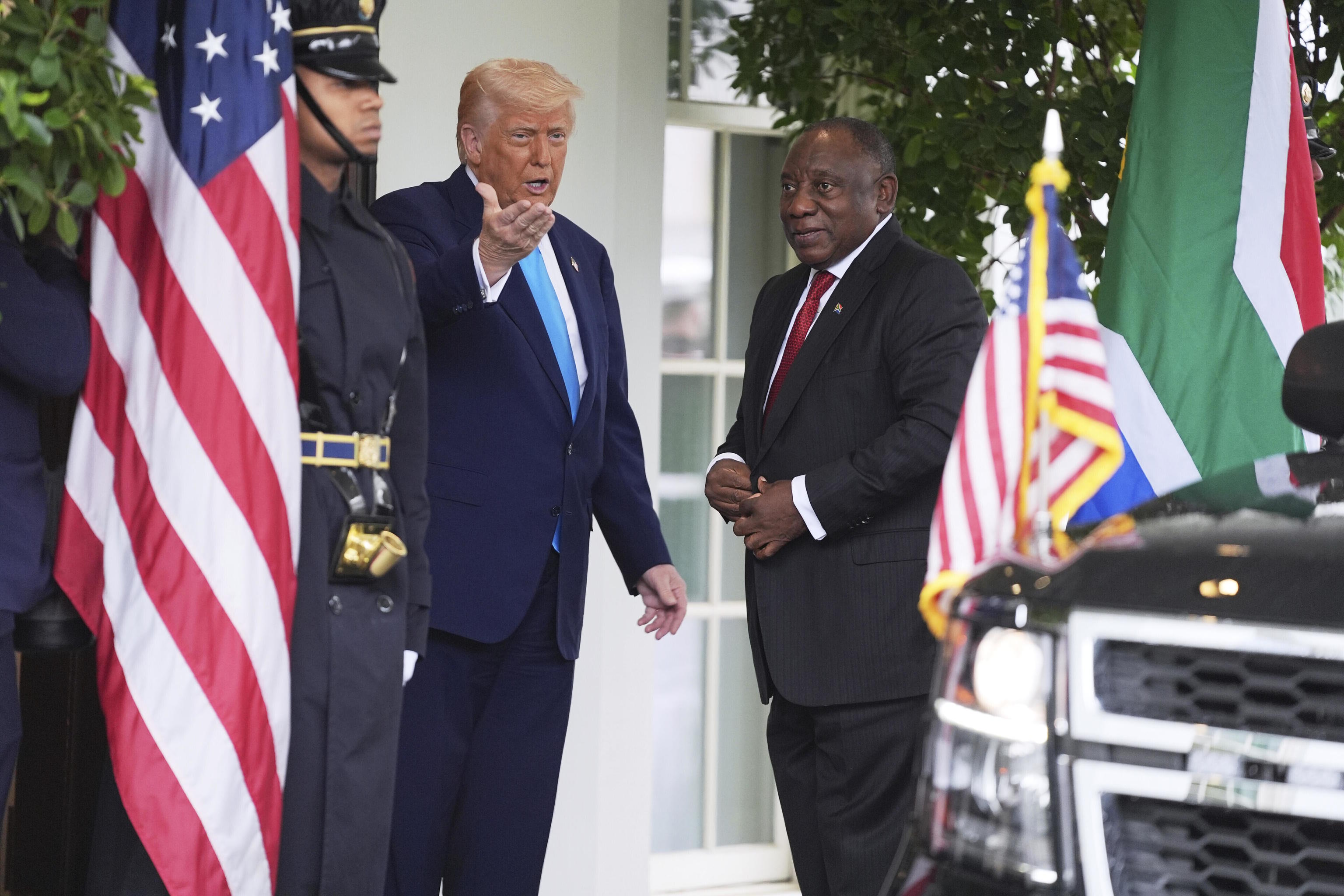 Trump greets his South African counterpart Cyril Ramaphosa at the White House.