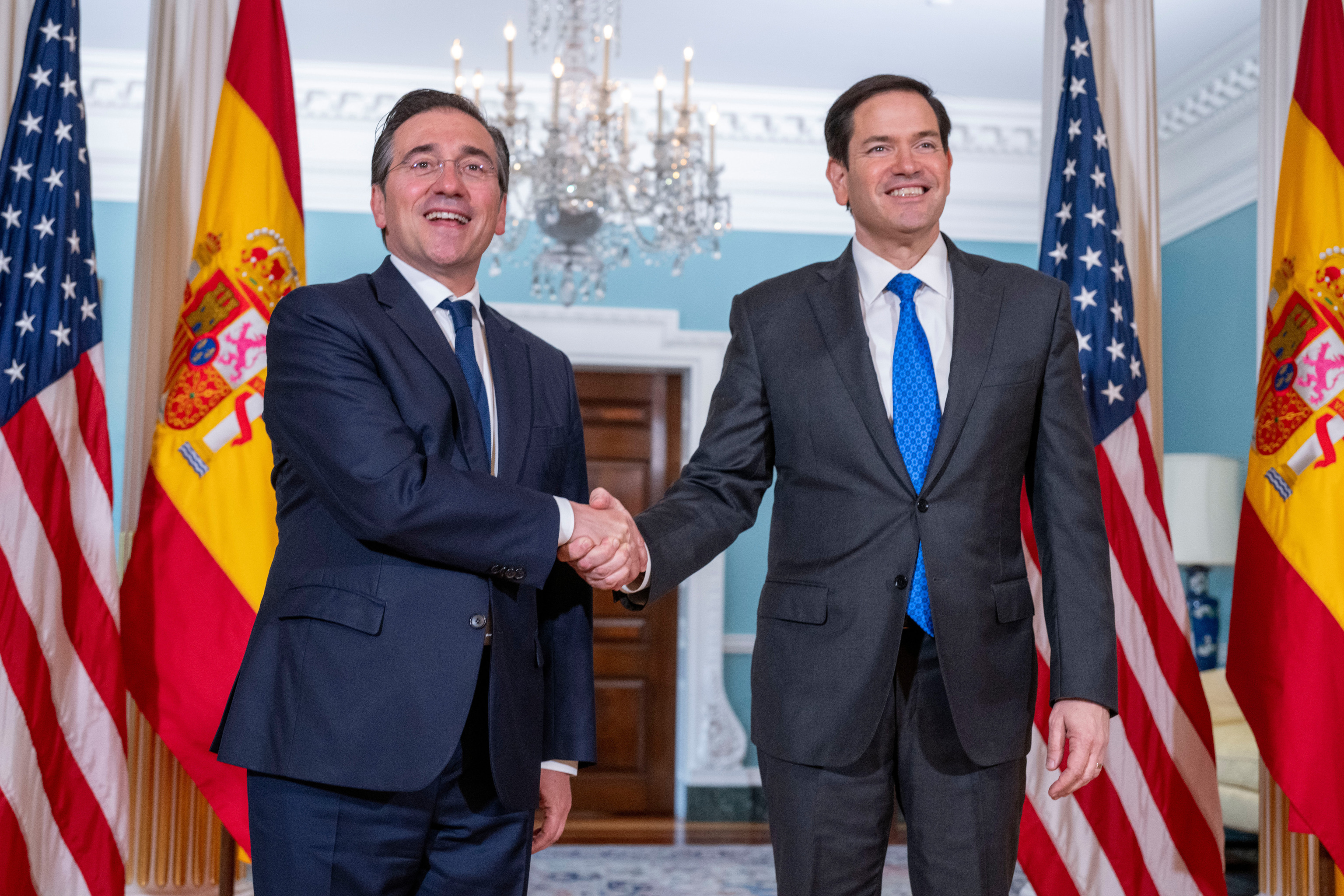 Secretary of State Marco Rubio, right, shakes hands with Spanish Foreign Minister Jos Manuel Albares at the State Department.