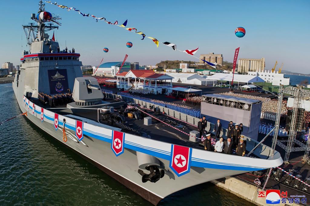 Ceremony to unveil a new naval destroyer at a western port in Nampo, North Korea.