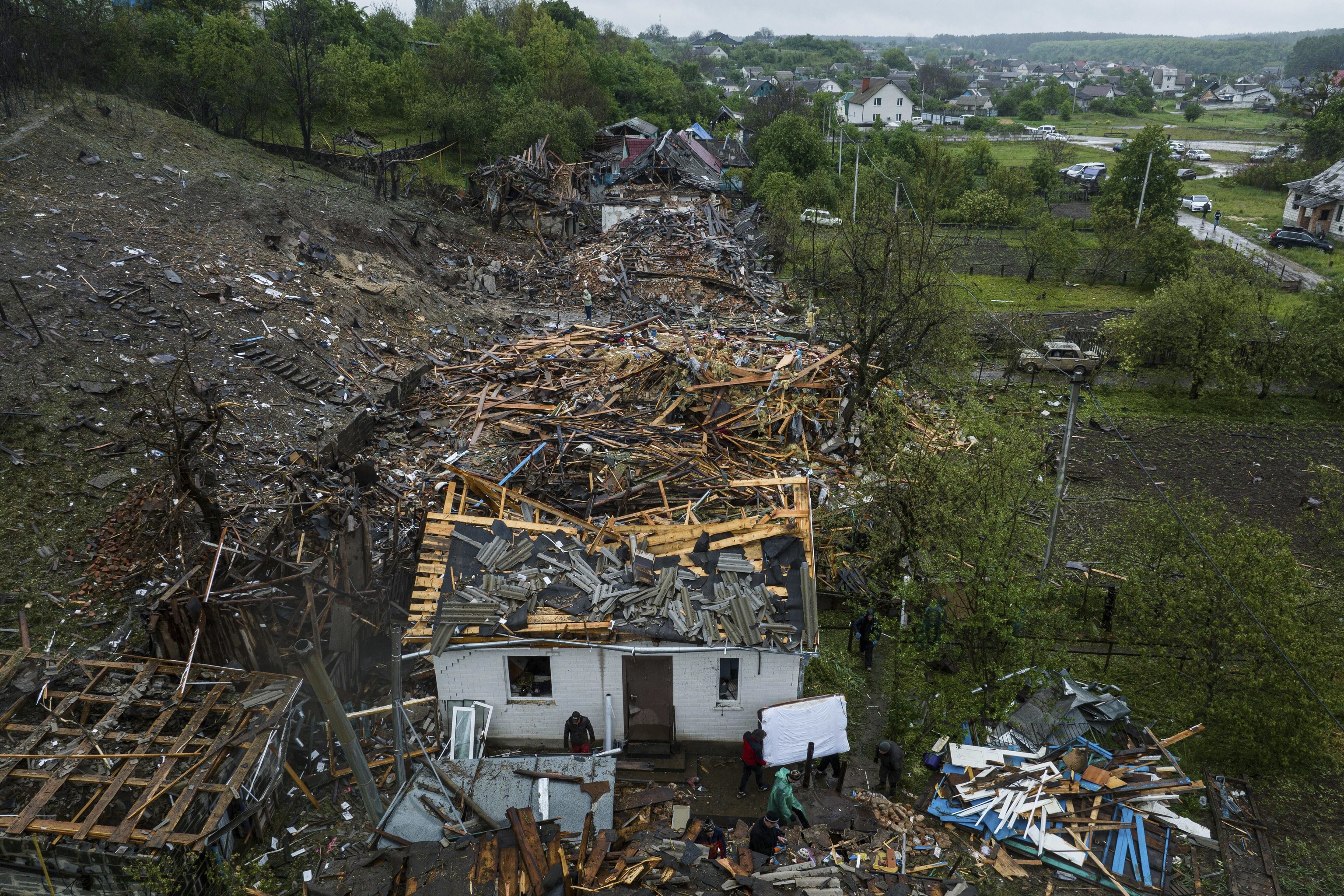 A view of residential houses destroyed by a Russian strike in Korostyshiv, Zhytomyr region, Ukraine.