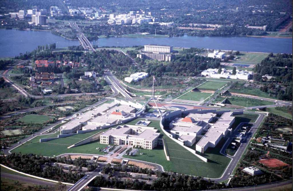 The Parliament and downtown area of Canberra.