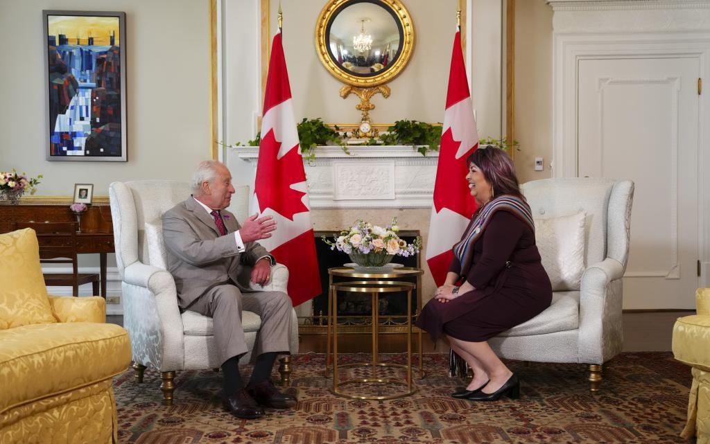 Britain's King Charles meets with Mtis National Council President Victoria Pruden in Ottawa, Ontario.