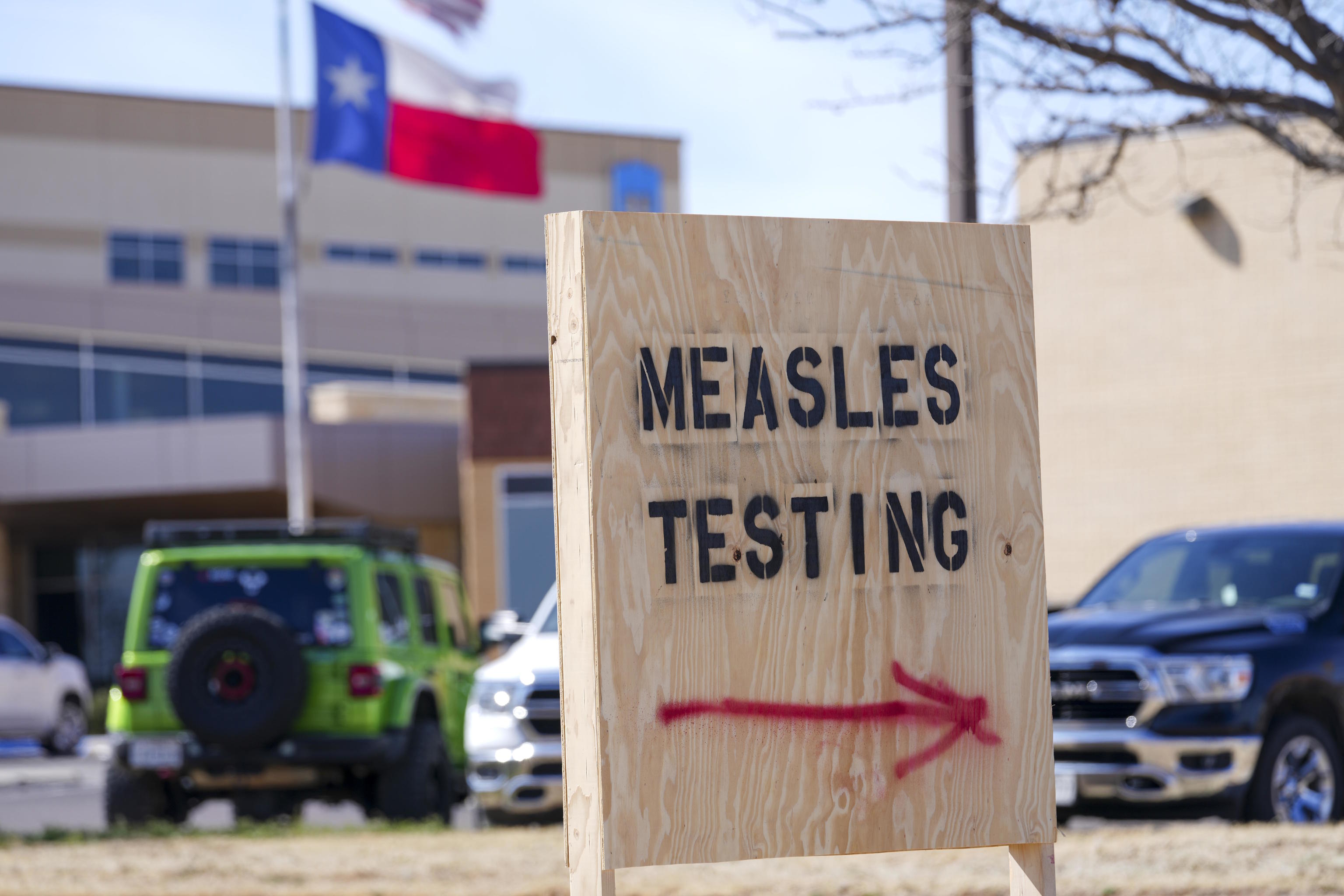 A sign is seen outside of Seminole Hospital District offering measles testing.