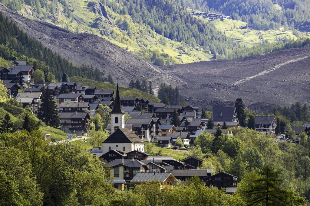 A massive debris avalanche, with the village of Kippel in the foreground