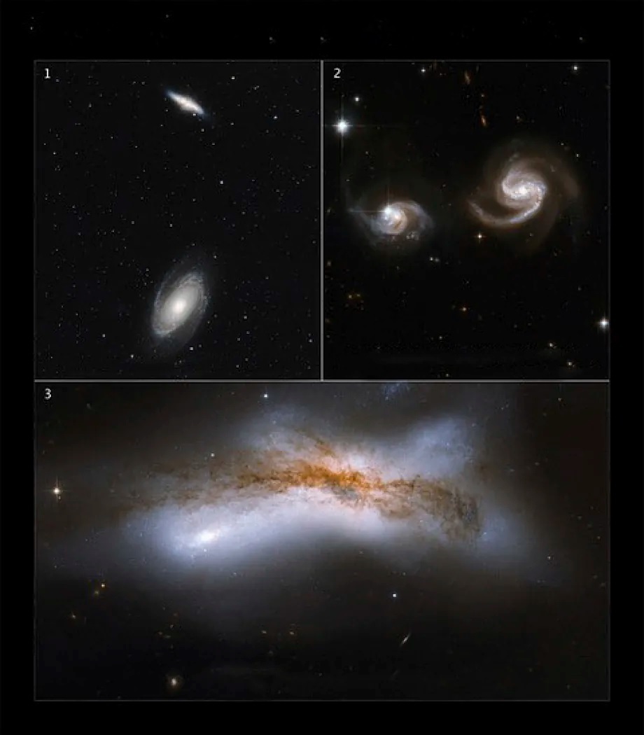 Three future scenarios for the Milky Way and Andromeda. On the left, the two galaxies at a distance of one million light-years. On the right, at 500,000 light-years, dark matter facilitates a close encounter between them, and below, at a separation of 100,000 light-years, a collision between them occurs.