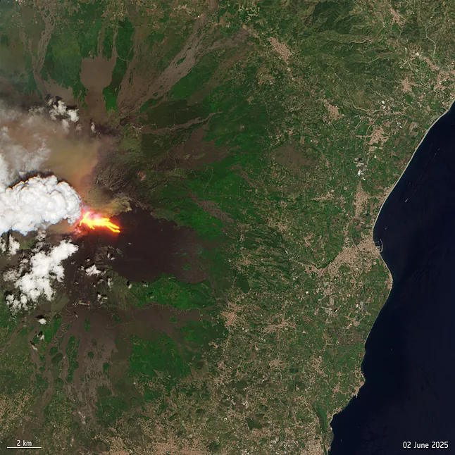 Satellite image of Mount Etna, Sicily, Italy, on June 2nd.