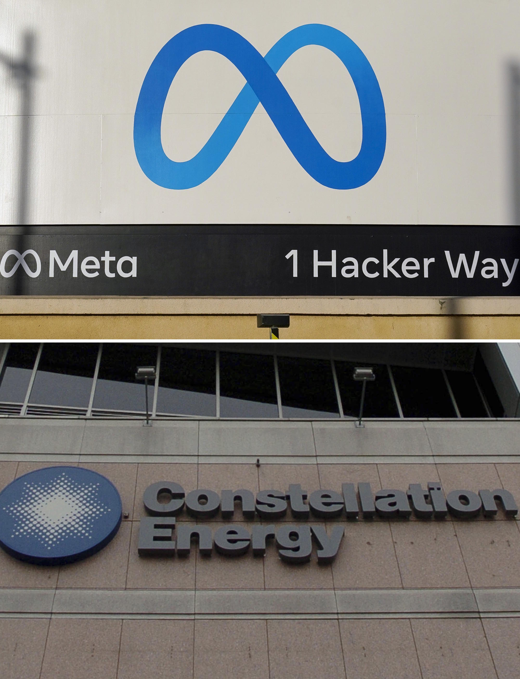 This combo image shows Meta's logo and The Constellation Energy building.
