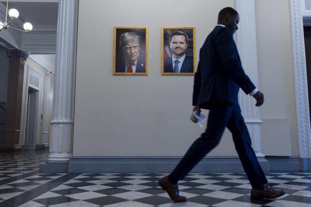 The new official portraits of President Donald Trump and Vice President JD Vance hang in the Eisenhower Executive Office Building