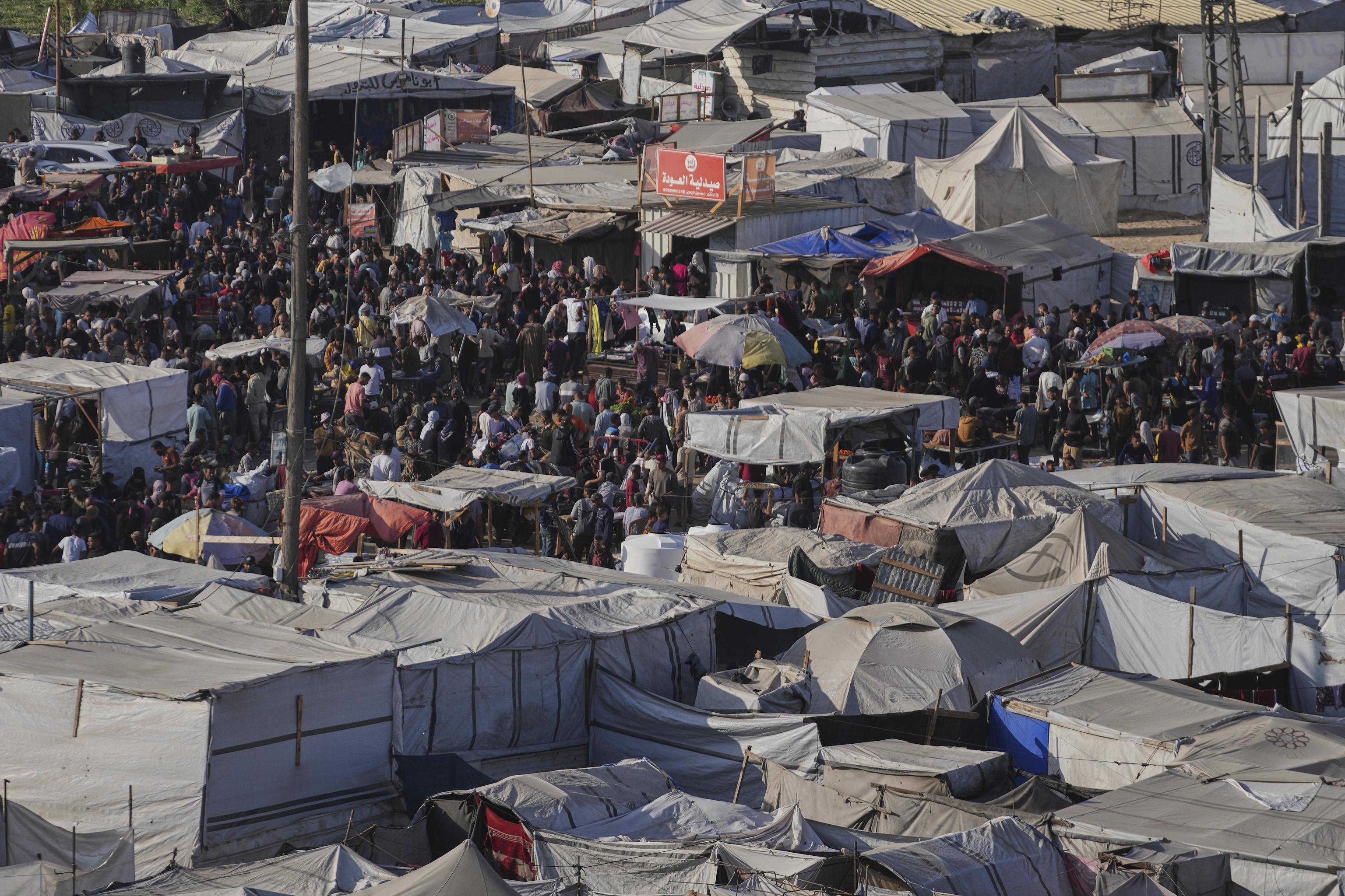 A view of a makeshift tent camp for displaced Palestinians in Khan Younis, Gaza.