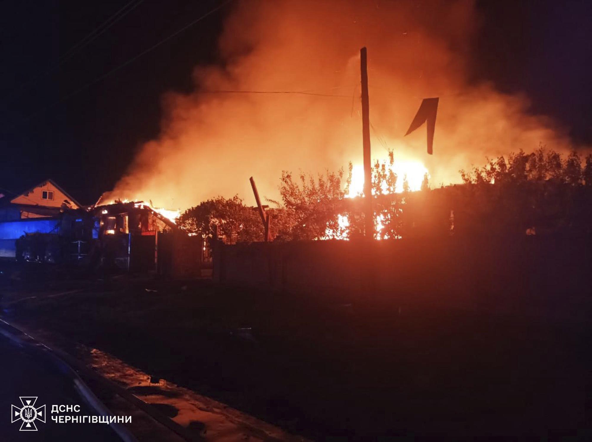 Fire following Russia's drone attack in the Pryluky.