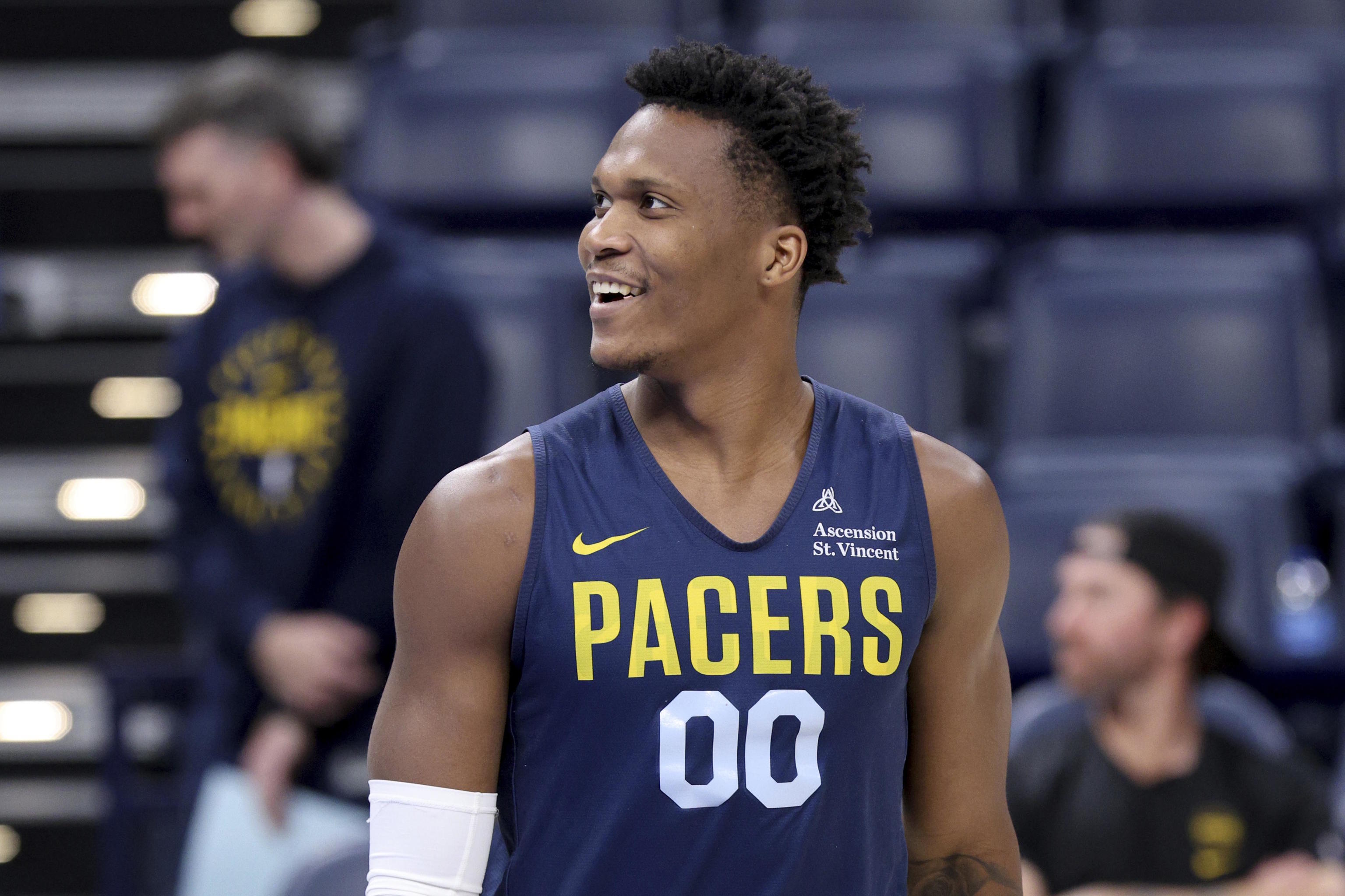 Indiana Pacers guard Mathurin walks on the court during a practice.