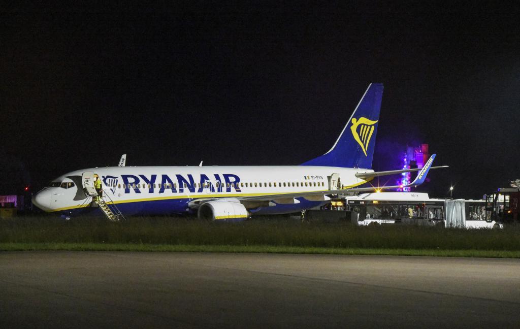 A Ryanair passenger jet stands on the apron at Memmingen Airport