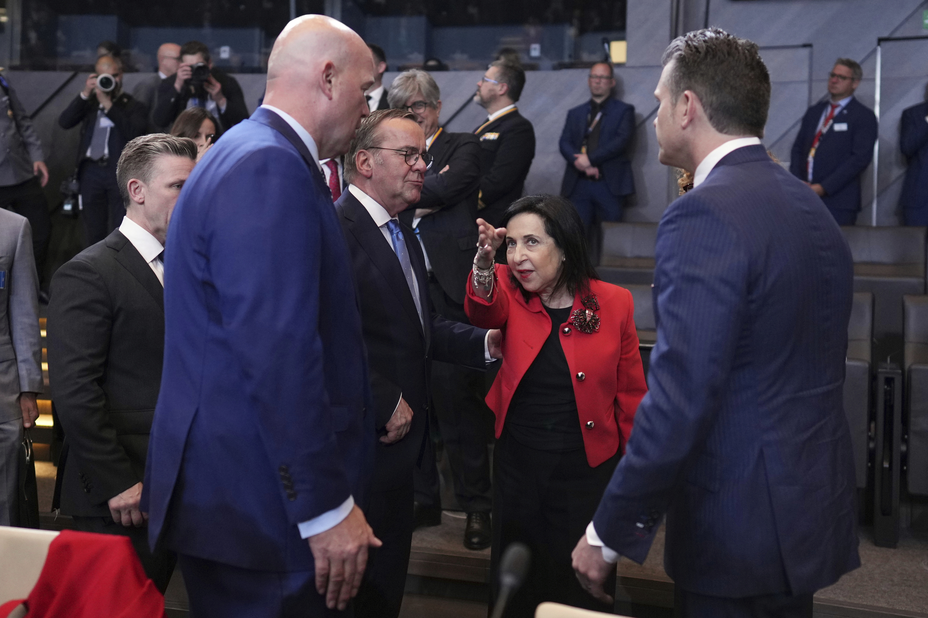 From left, Sweden's Defense Minister Pal Jonson, US Ambassador to NATO Matthew Whitaker, Germany's Defense Minister Boris Pistorius, Spain's Defense Minister Margarita Robles and Defense Secretary Pete Hegseth.