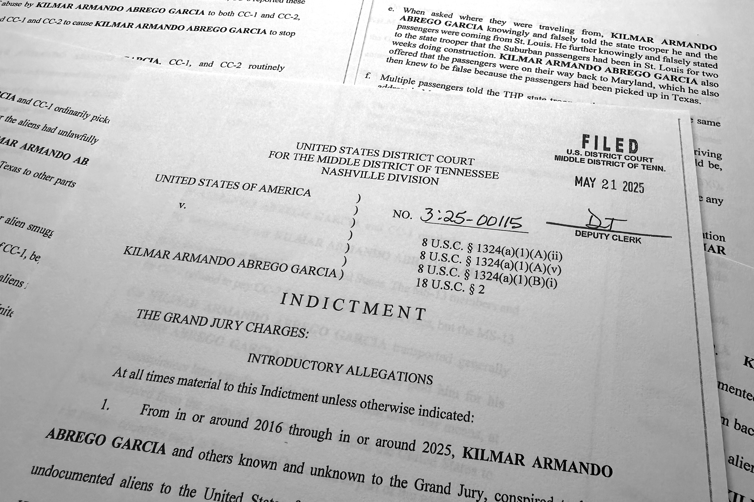 The indictment of Kilmar Abrego Garcia that charges him with transporting people who were in the United States illegally.