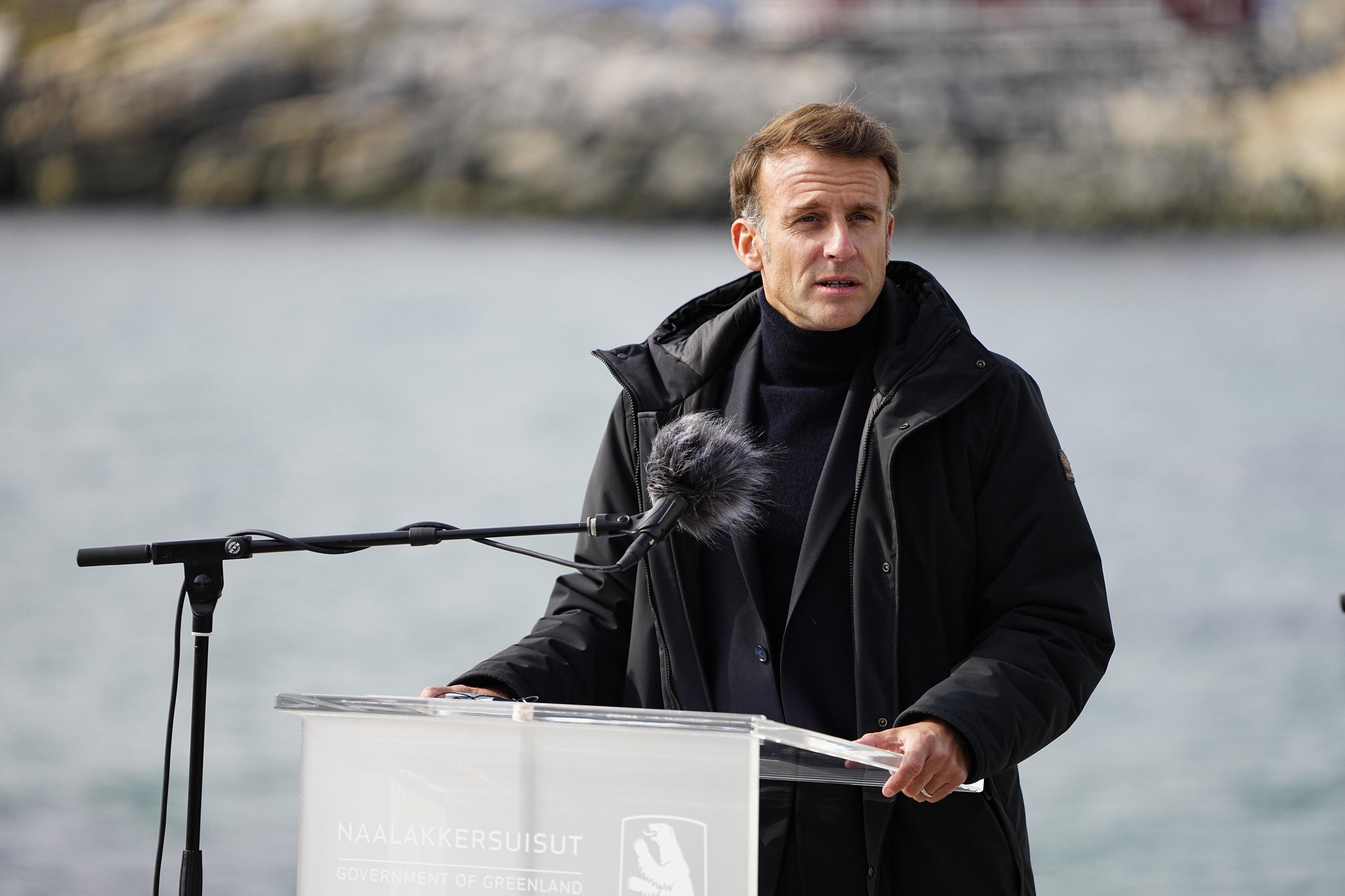 French President Emmanuel Macron at a press conference in Nuuk.