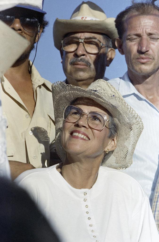 Presidential candidate Violeta Barrios de Chamorro smiles during a campaign rally in Managua, February 23, 1990.