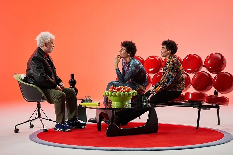 Pedro Almodvar, Javier Calvo, and Javier Ambrossi in a moment from Pedro x Los Javis.