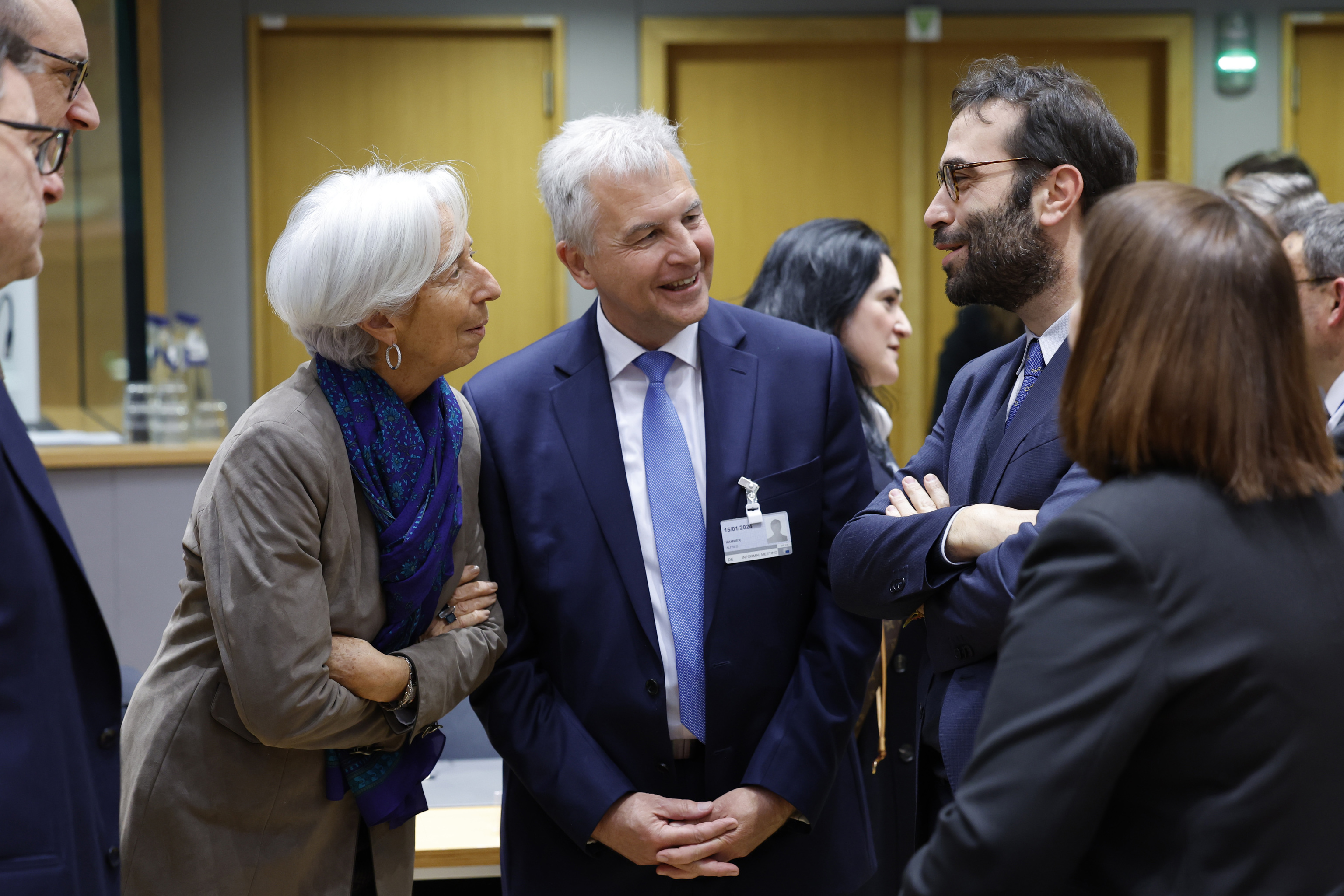 European Central Bank President Christine Lagarde, second left, speaks with Spain's Economy Minister Carlos Cuerpo, second right.
