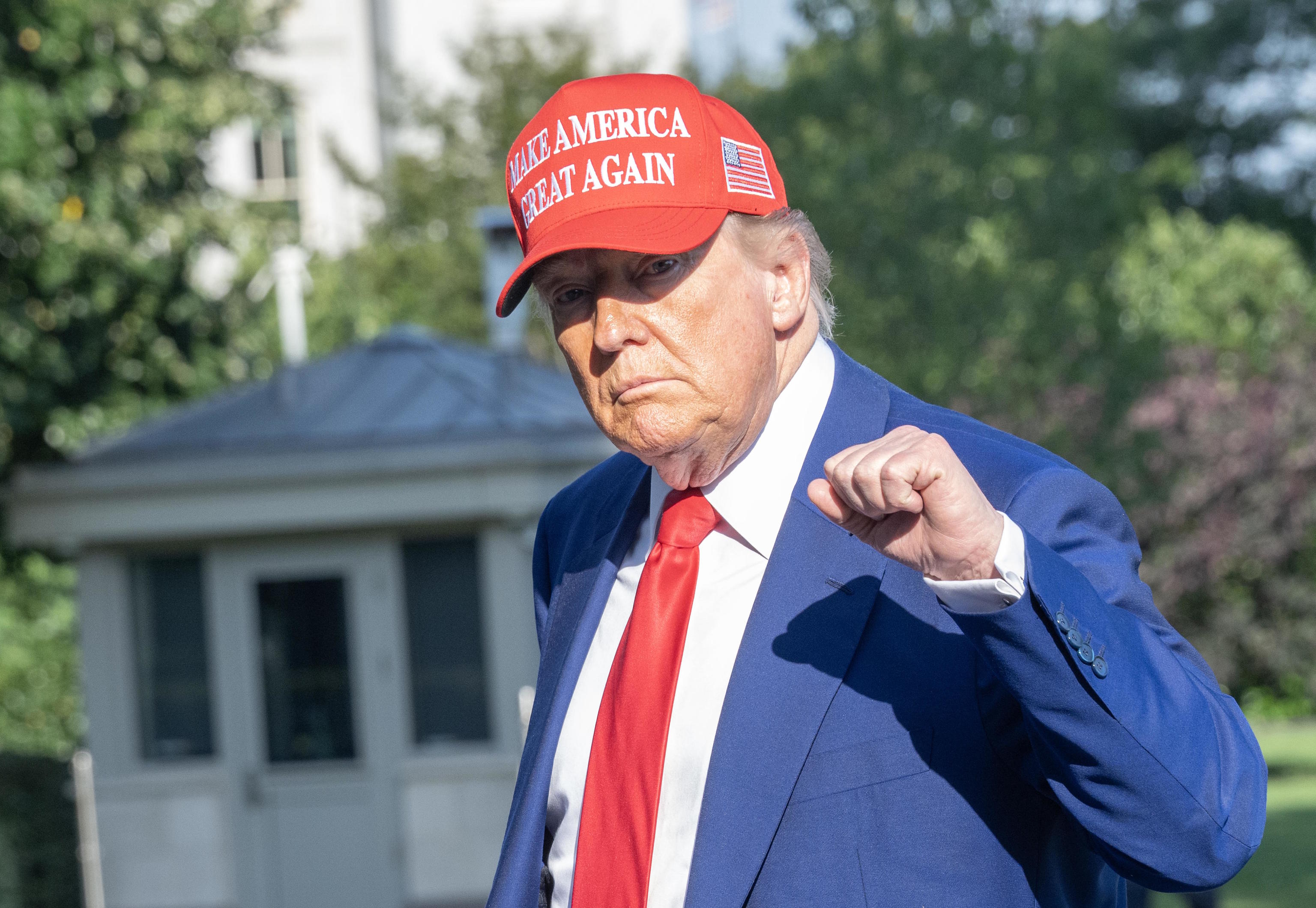 United States President TRUMP gestures as he walks on the South Lawn of the White House.