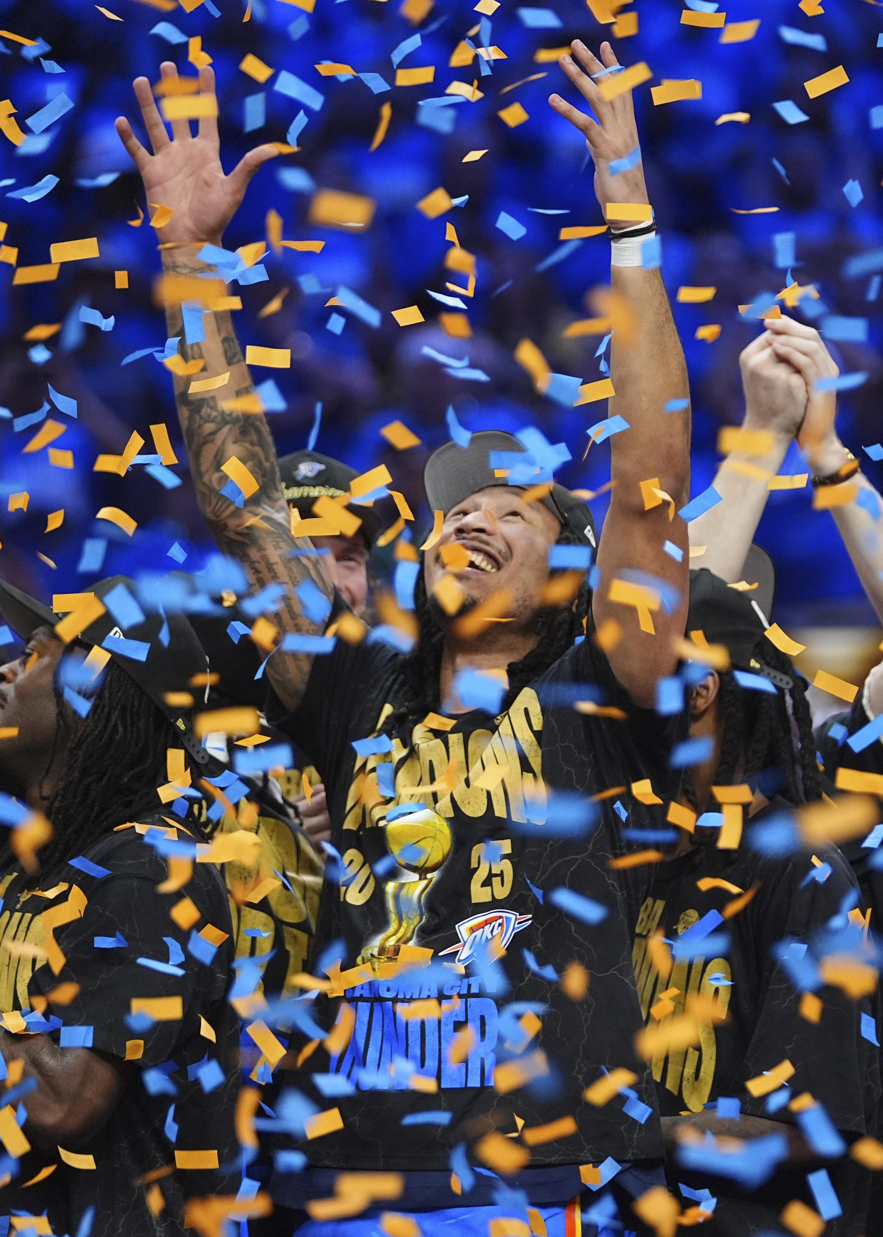 Oklahoma City Thunder forward Williams celebrates after they won.
