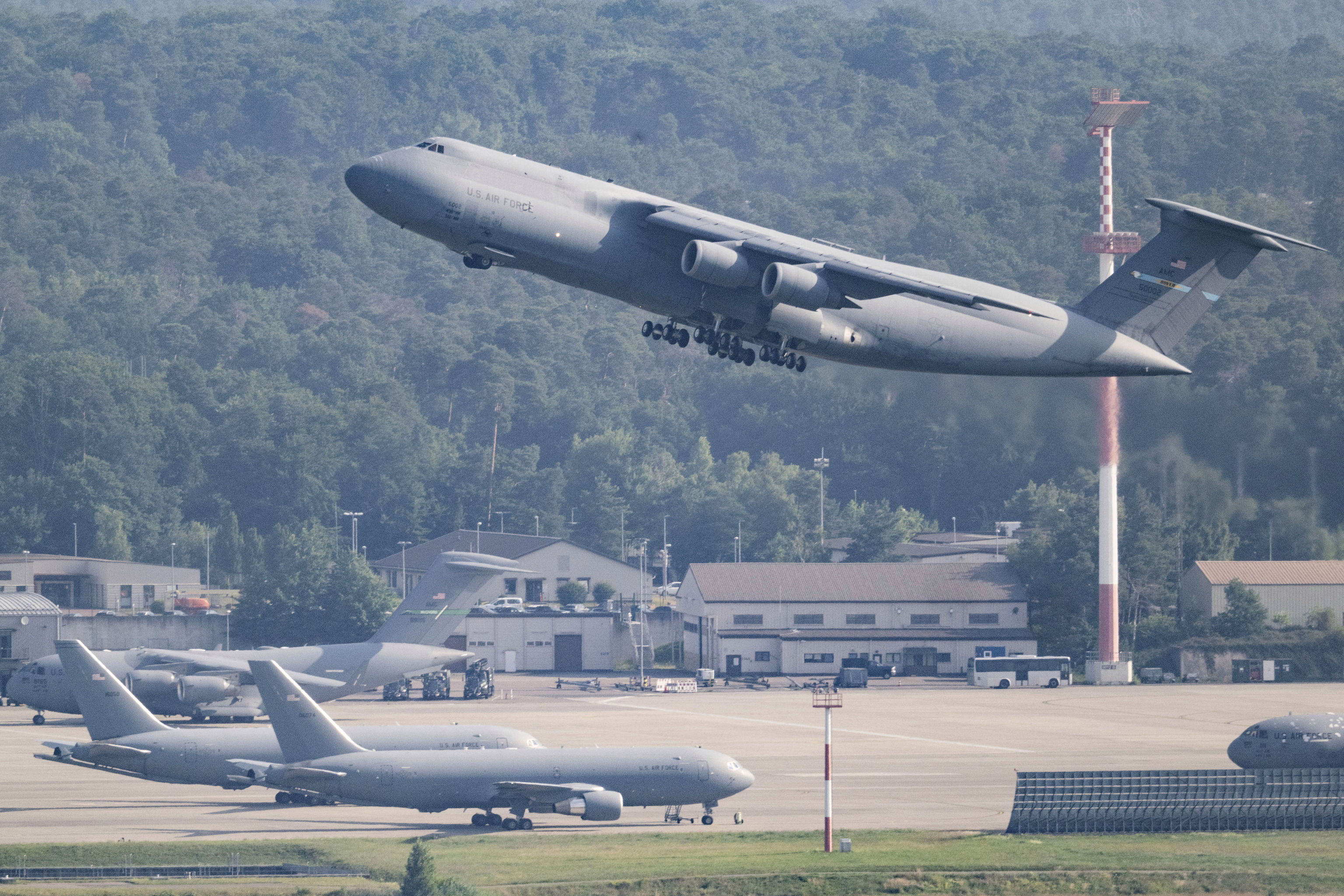 A US Air Force C5 Galaxy transport aircraft takes off.