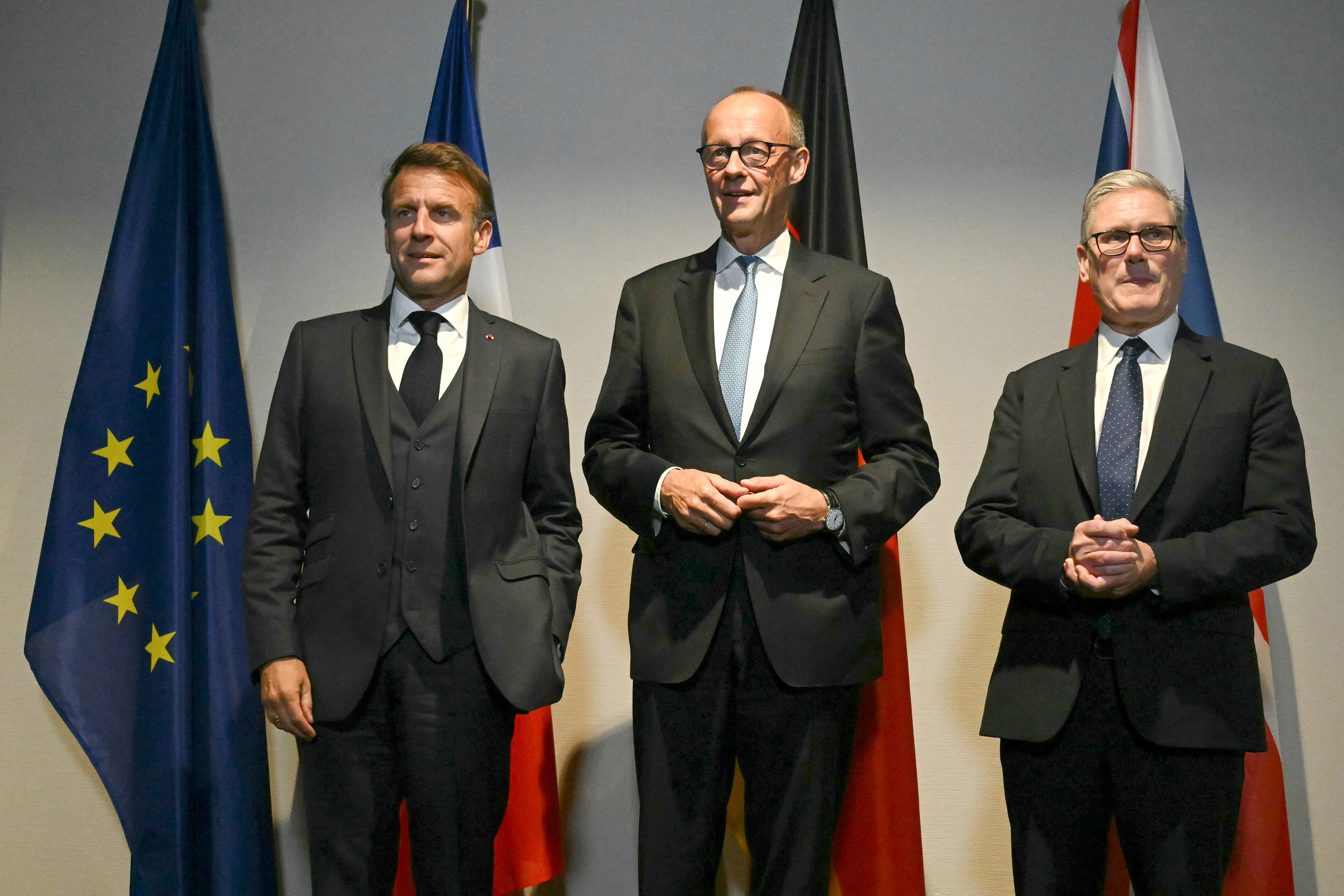 From left, France's President Emmanuel Macron, Germany's Chancellor Friedrich Merz and Britain's Prime Minister Keir Starmer.
