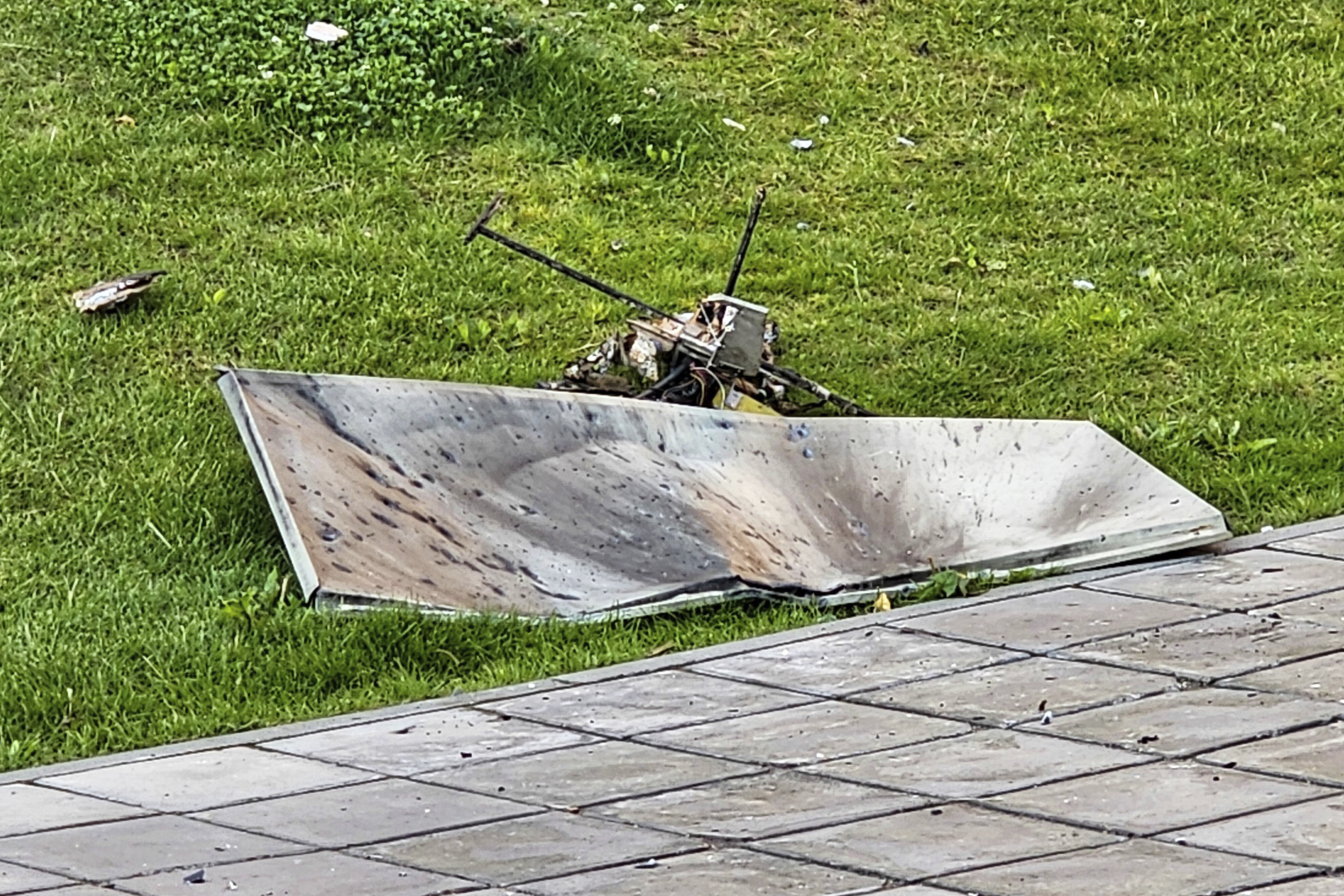 Fragments of the Ukrainian fallen drone, lie on the ground in Krasnogorsk.