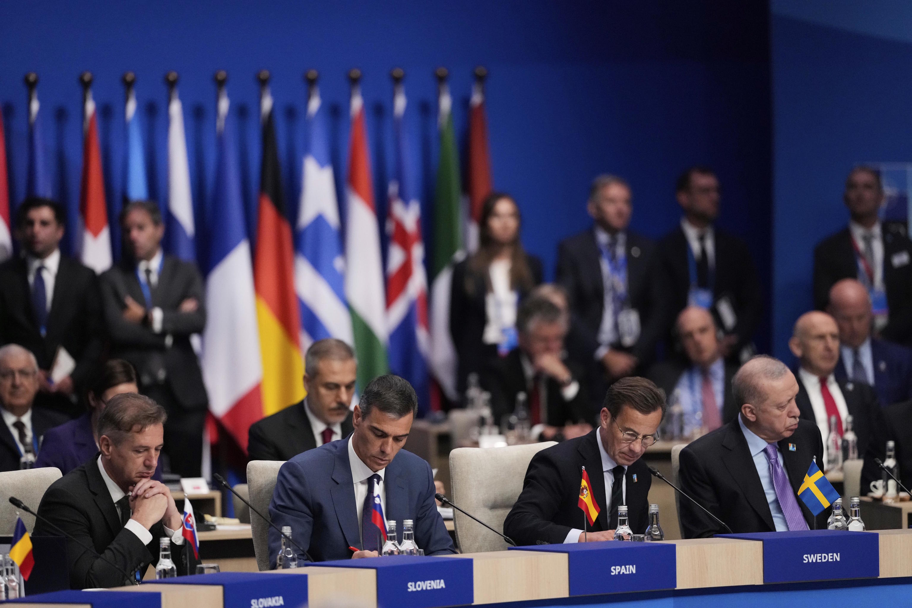Pedro Sanchez attend a plenary session at the NATO summit in The Hague.