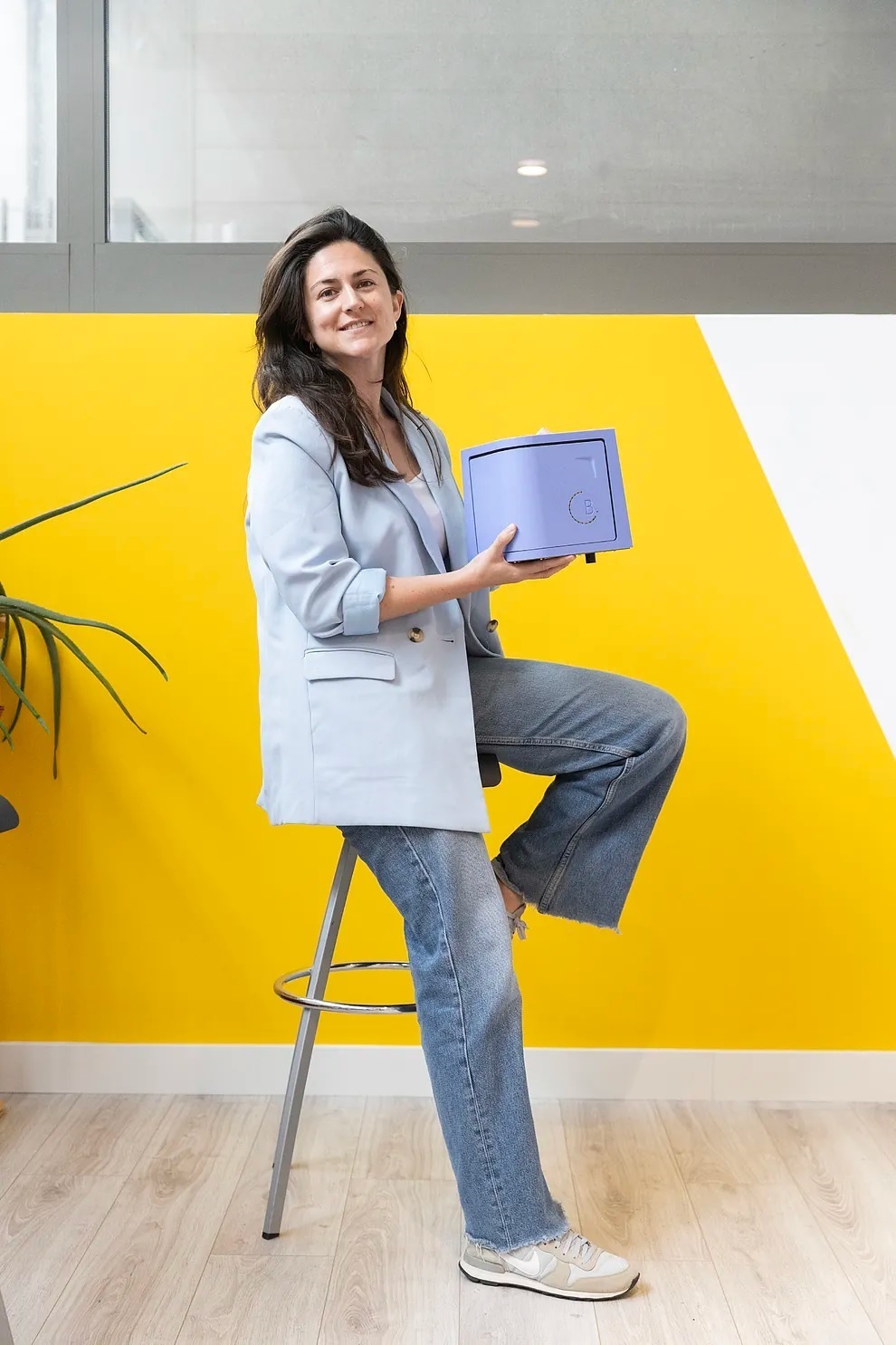 Judit Benet Gir with her invention, The Blue Box.