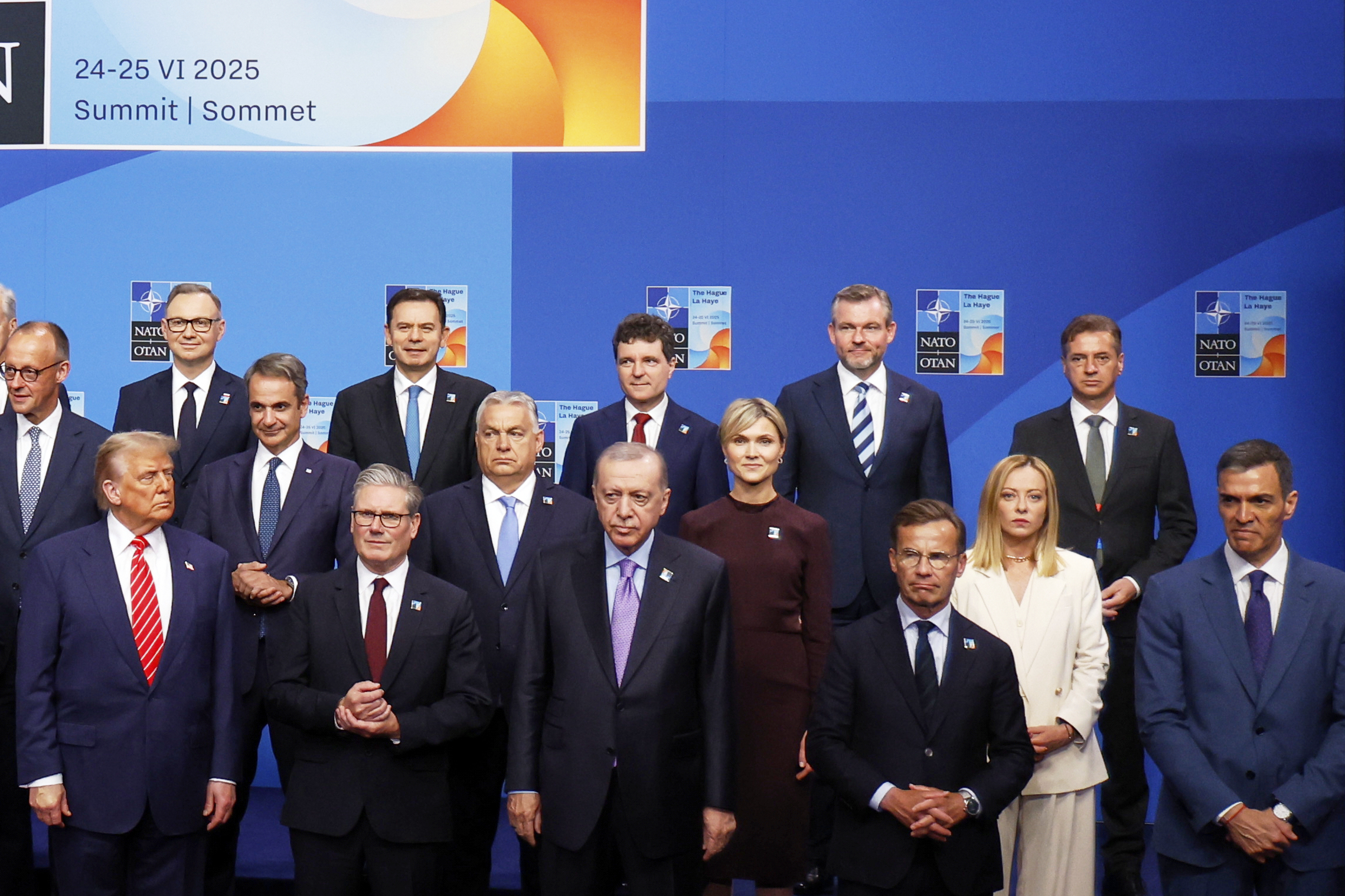 President Donald Trump, front left, and Spain's Prime Minister Pedro Sanchez, front right.