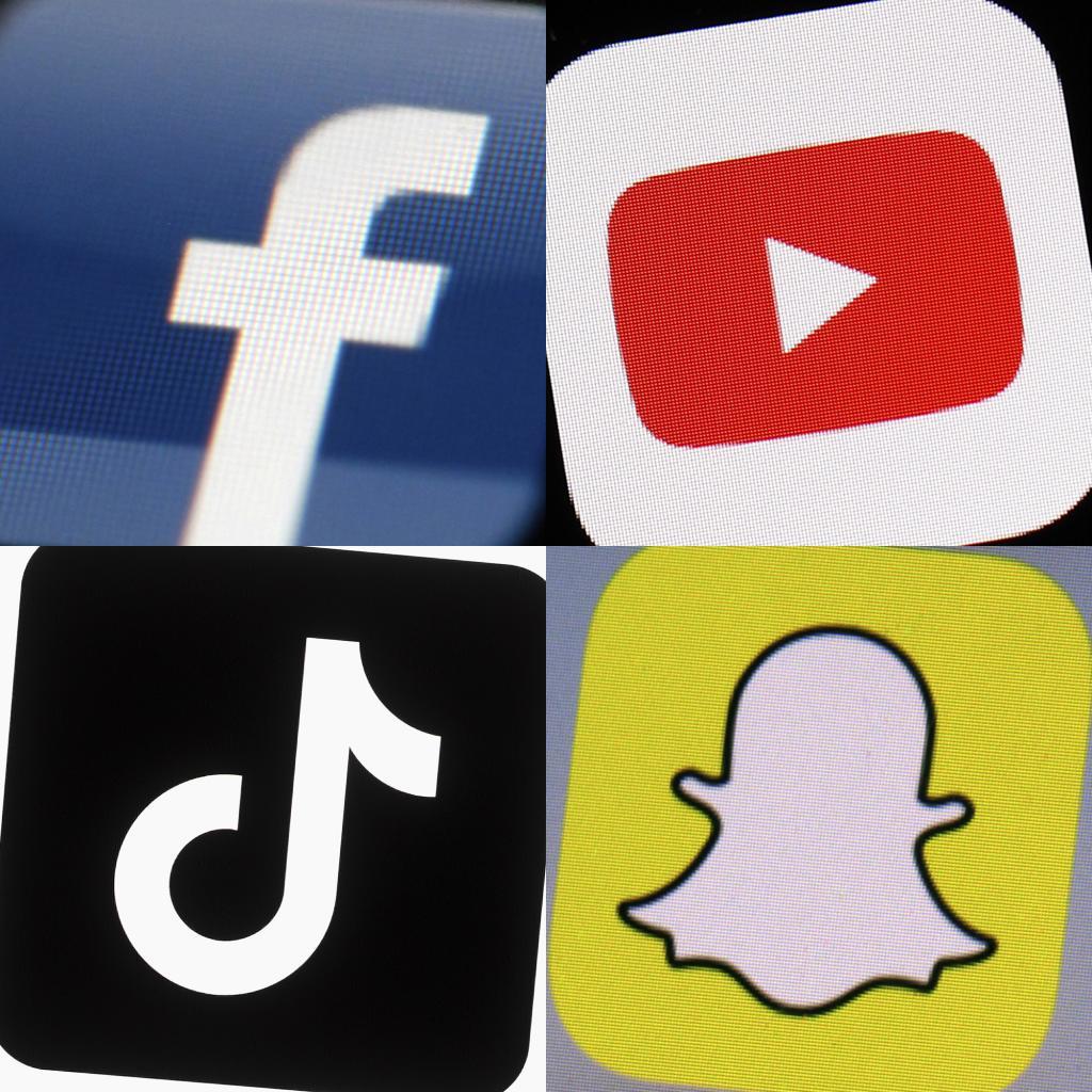 This combination of photos from 2017 to 2022 shows the logos of Facebook, YouTube, TikTok and Snapchat