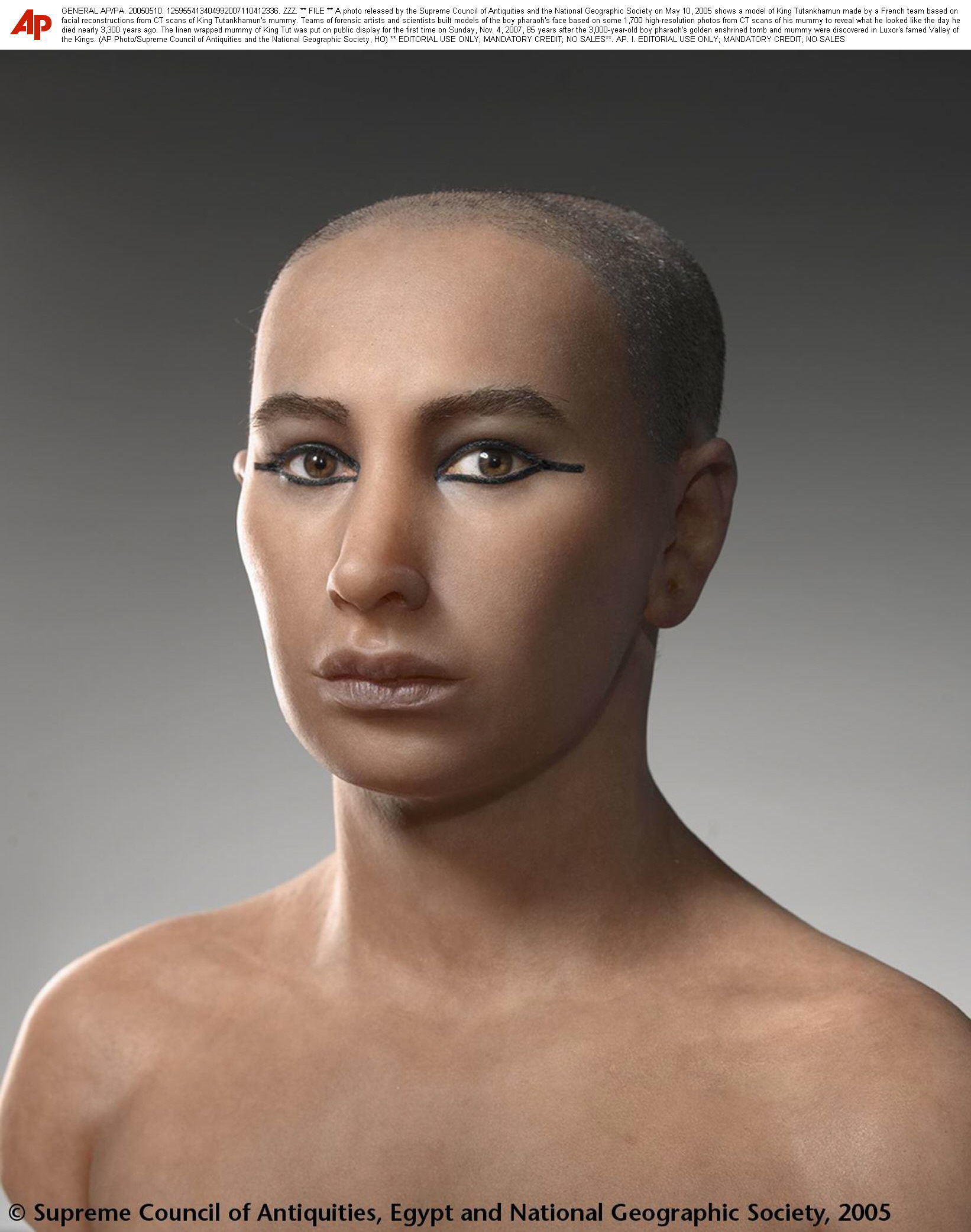 shows a model of King Tutankhamun made by a French team based on facial reconstructions from CT scans of King Tutankhamun's mummy.