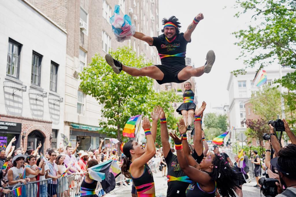 Members of Gotham Cheer perform during the NYC Pride March