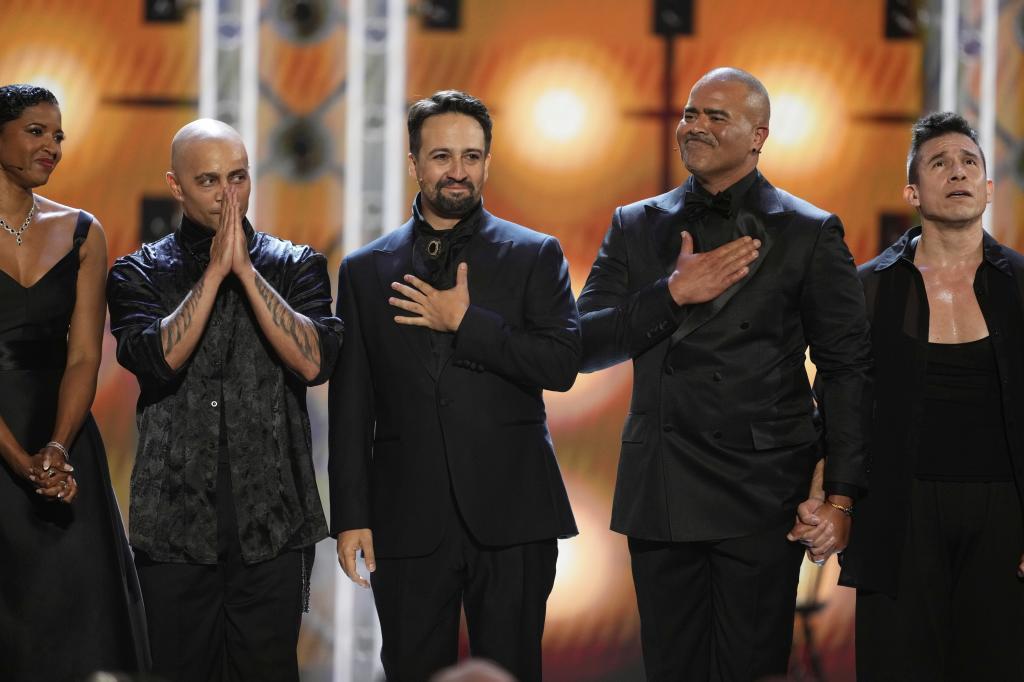 Renee Elise Goldsberry, from left, Lin-Manuel Miranda, and Christopher Jackson perform a medley from "Hamilton"