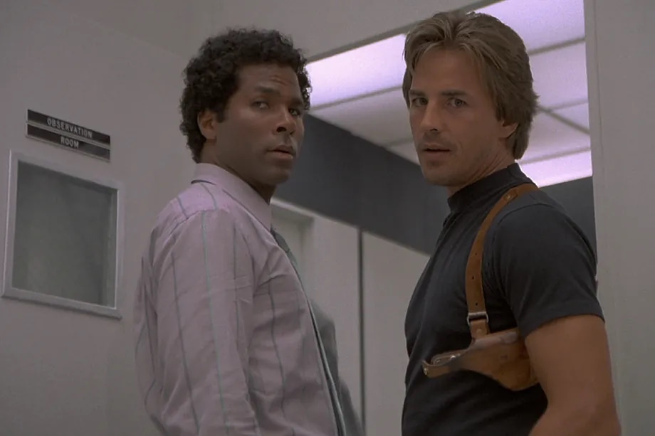 Actors Philip Michael Thomas and Don Johnson, stars of Miami Vice